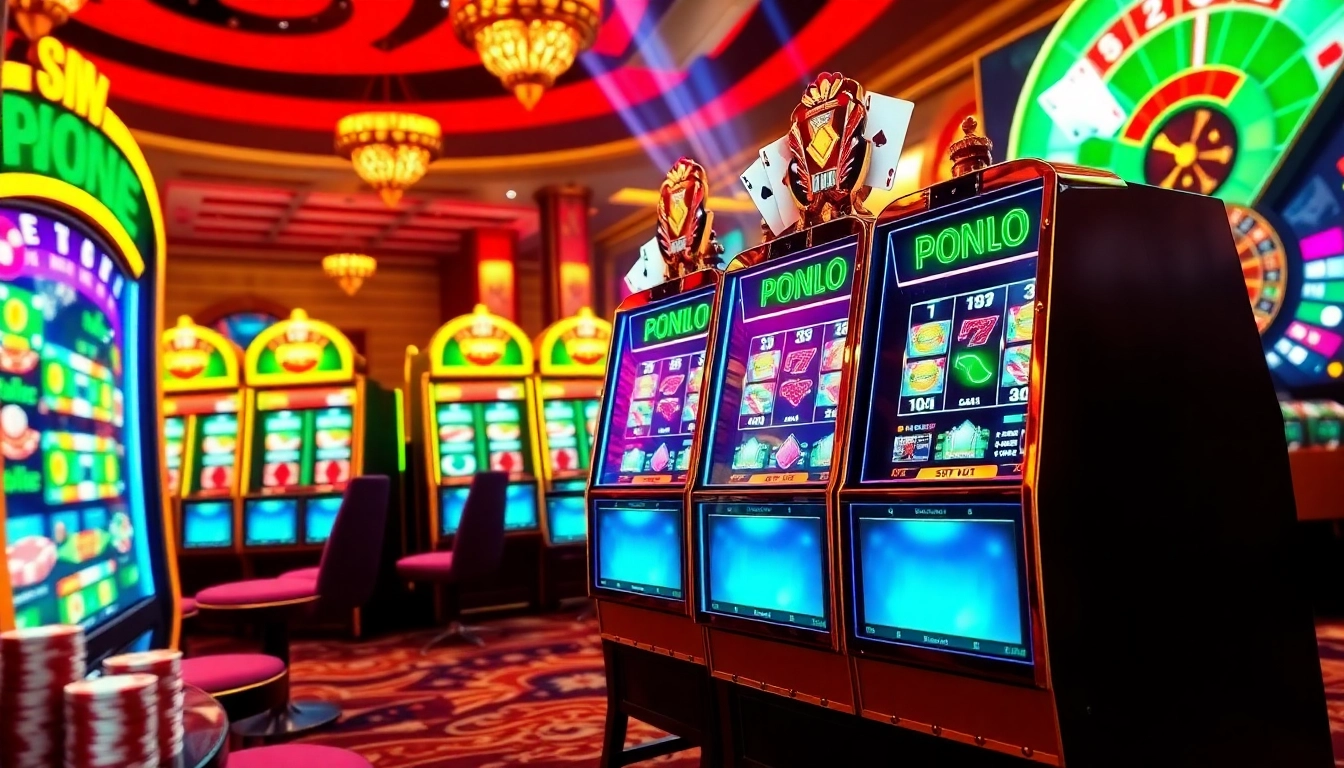 Gulungan berputar mesin slot apk yang menyala dalam suasana kasino yang berwarna-warni.