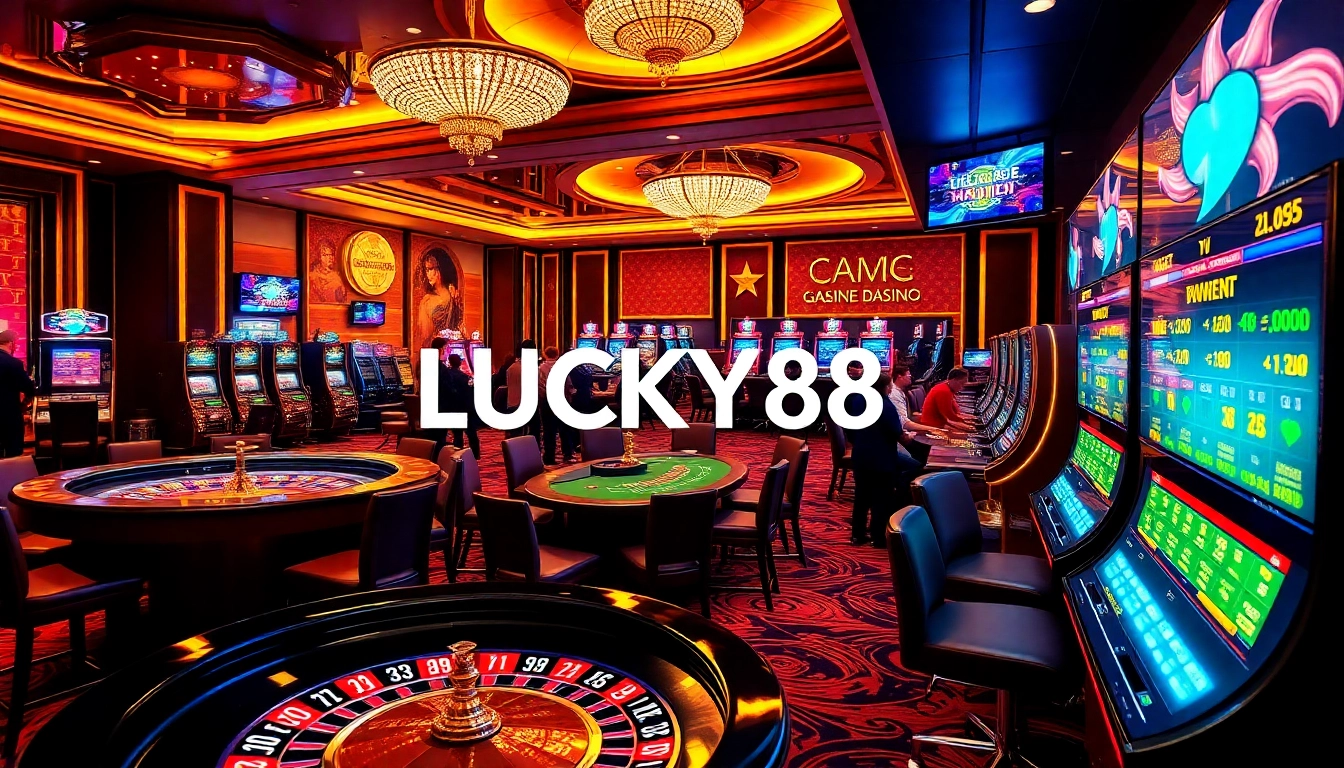 Experience the thrill of LUCKY88 with vibrant casino tables and exciting gambling action.