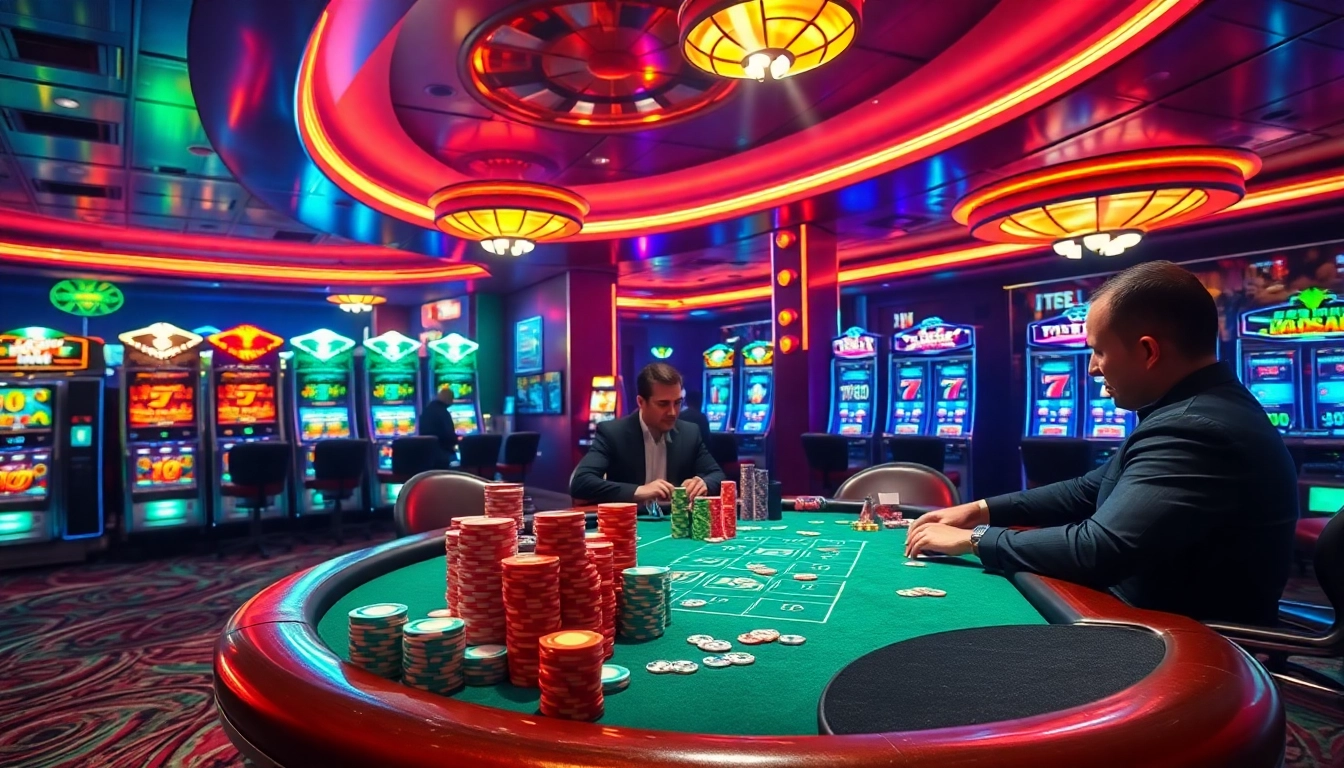 Win big at https://lv88.ltd/ with a vibrant casino scene featuring poker, slot machines, and rich neon lights.