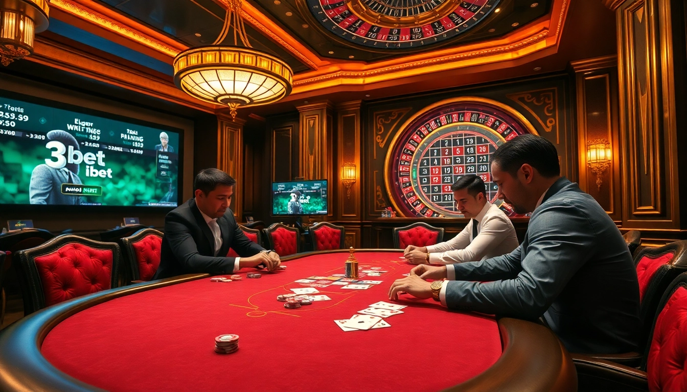 Intense poker game at a luxury casino featuring the 3Dbet brand visuals and exciting betting action.