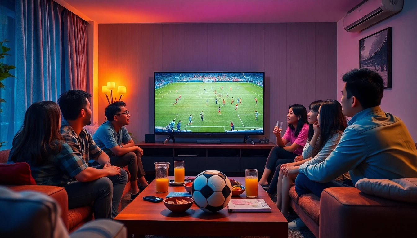 Cakhia TV live football viewing scene with friends enjoying the game in a vibrant living room.