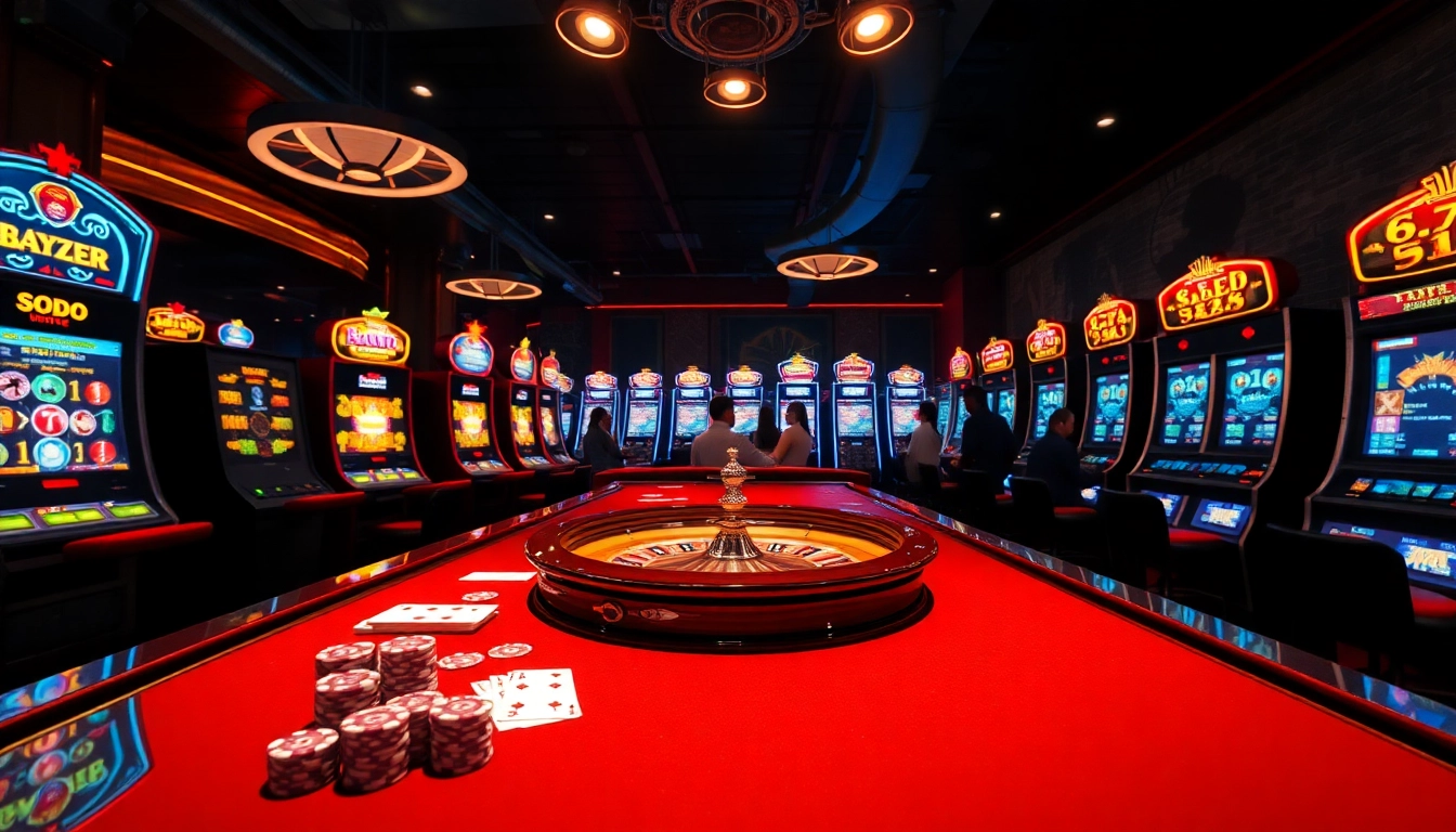 SODO online casino scene with poker chips, roulette, and slot machines in vibrant colors