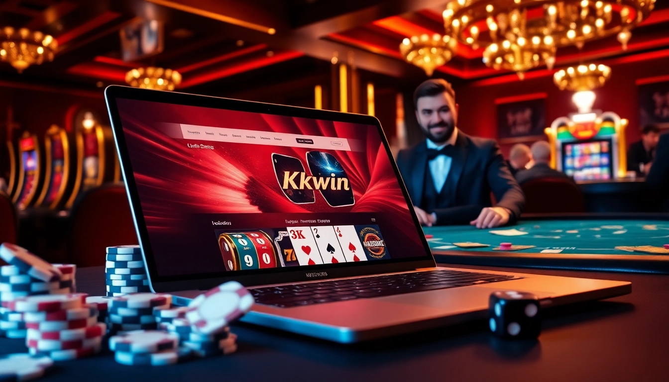 Experience the thrill of Kkwin with a vibrant casino atmosphere filled with poker chips and dice.