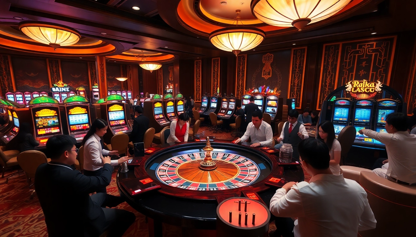 Experience raja luck at a vibrant casino showcasing roulette, slot machines, and enthusiastic players.
