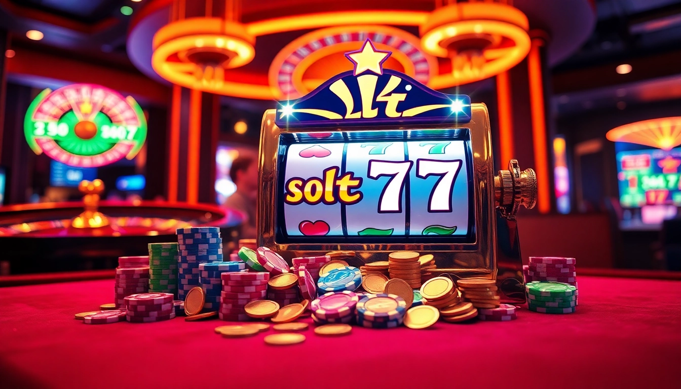 Spin the slot777 machine adorned with vibrant lights, poker chips, and gold coins in a luxurious casino scene.
