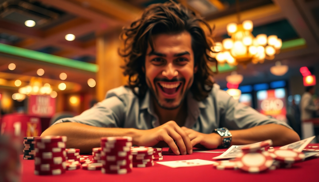 Bermain Agen SBOBET di kasino yang meriah dengan chip dan kartu, menunjukkan interaksi permainan.