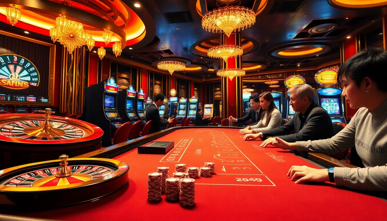 NK88 BET players enjoying a vibrant casino scene with roulette, slots, and poker excitement.