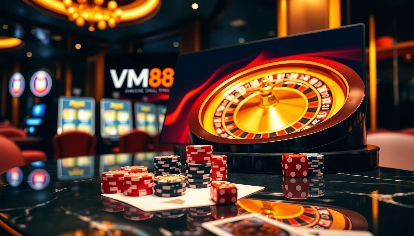 VM88 online casino offering competitive betting odds with professional roulette and poker chips setup