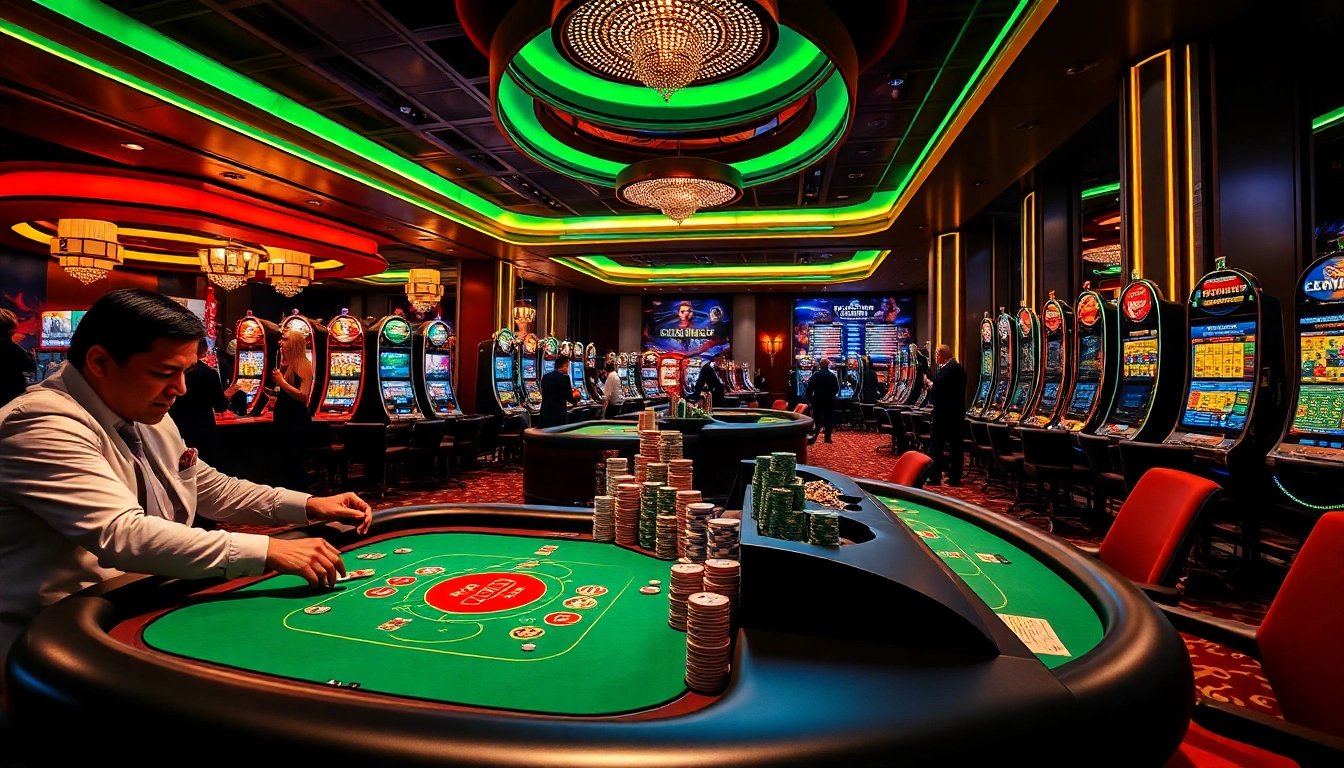 Situs Judi Bola players enjoying a lively atmosphere at a luxurious casino with high-stakes poker and betting action.