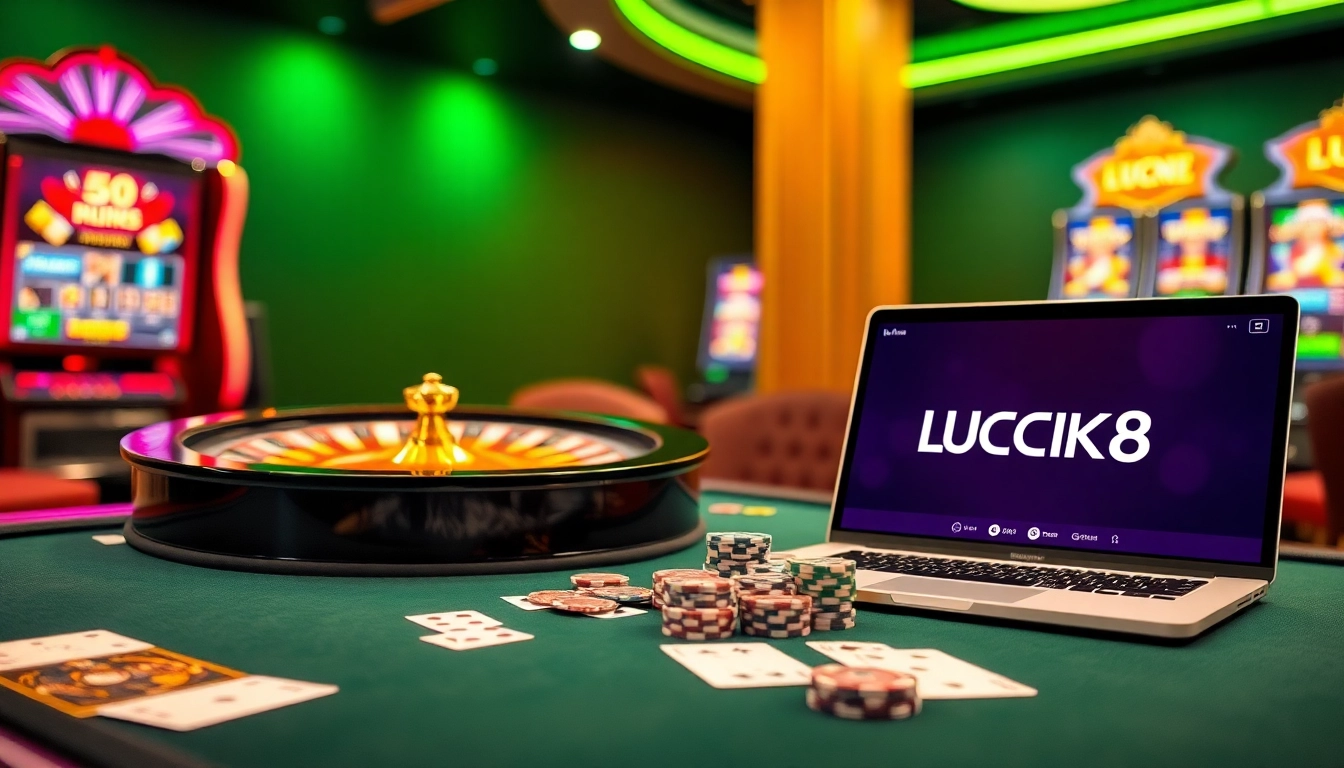 LUCK8 showcases a thrilling online casino scene with poker chips, roulette wheel, and slot machines.