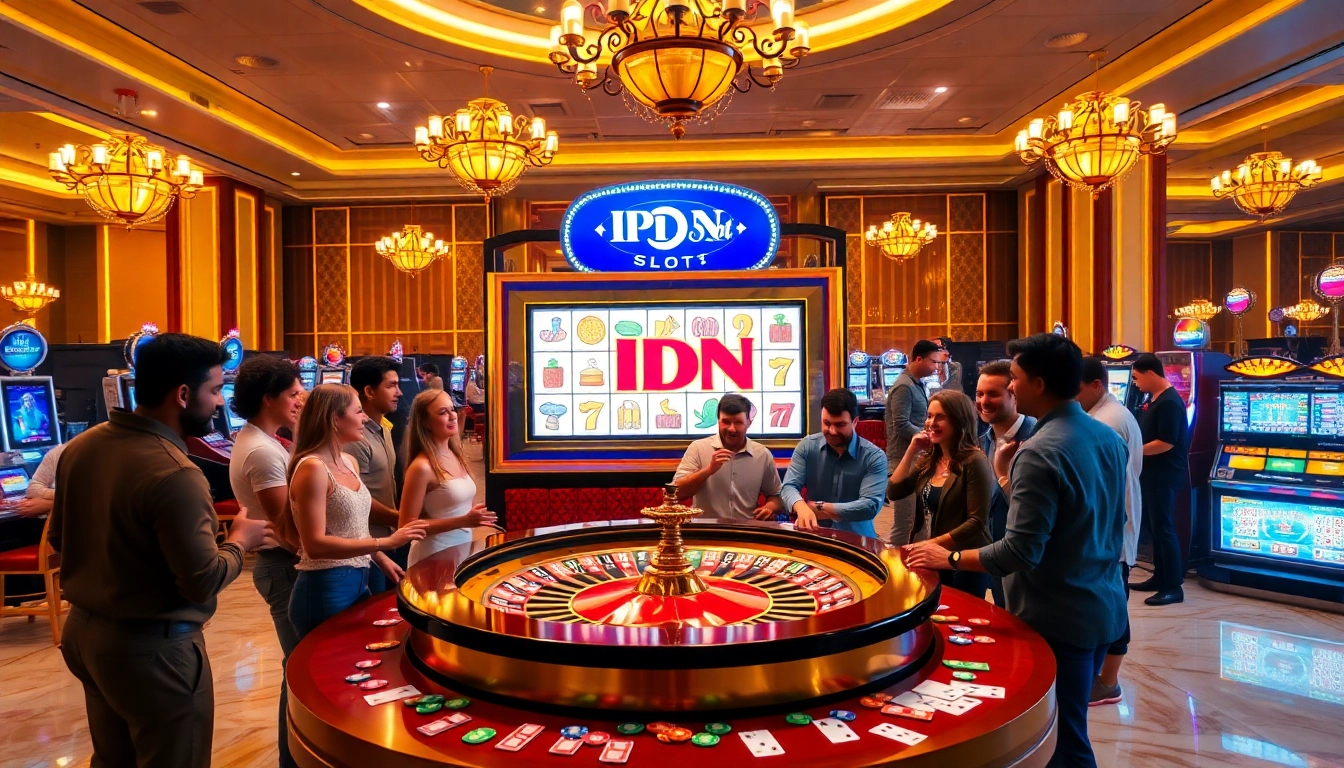Play exciting IDN slot games at a vibrant casino featuring luxurious tables and enthusiastic players.