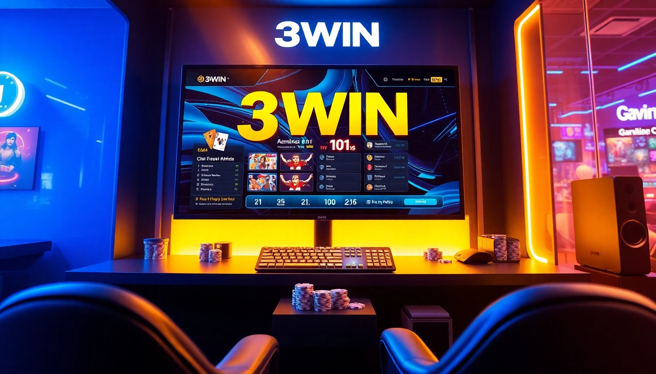 Experience 3WIN's vibrant gaming atmosphere with sleek devices and casino elements.