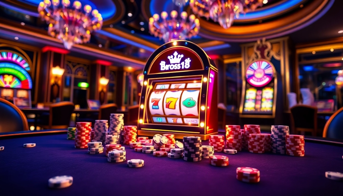 Experience the thrill of the bro138 slot machine in a vibrant casino scene filled with poker chips and gleaming lights.