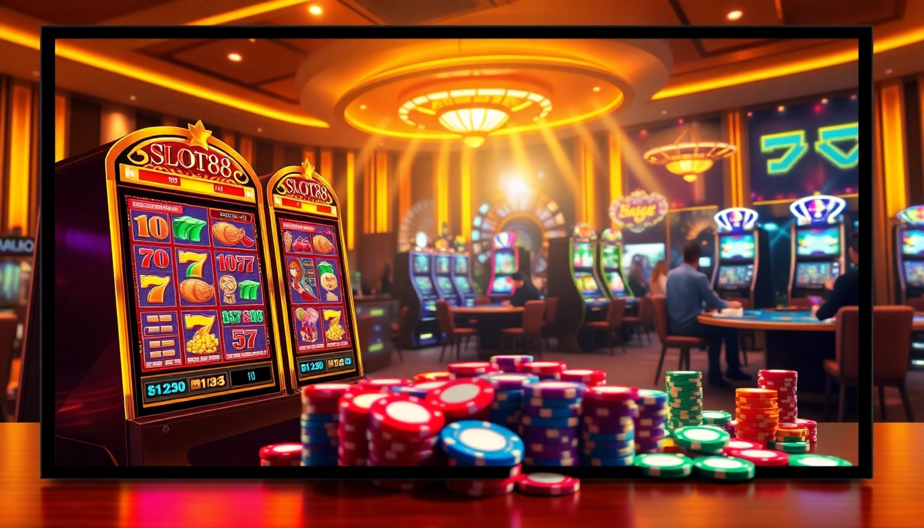 Pemain menikmati permainan slot88 yang mendebarkan di kasino online mewah dengan grafis yang cerah dan peluang menang.