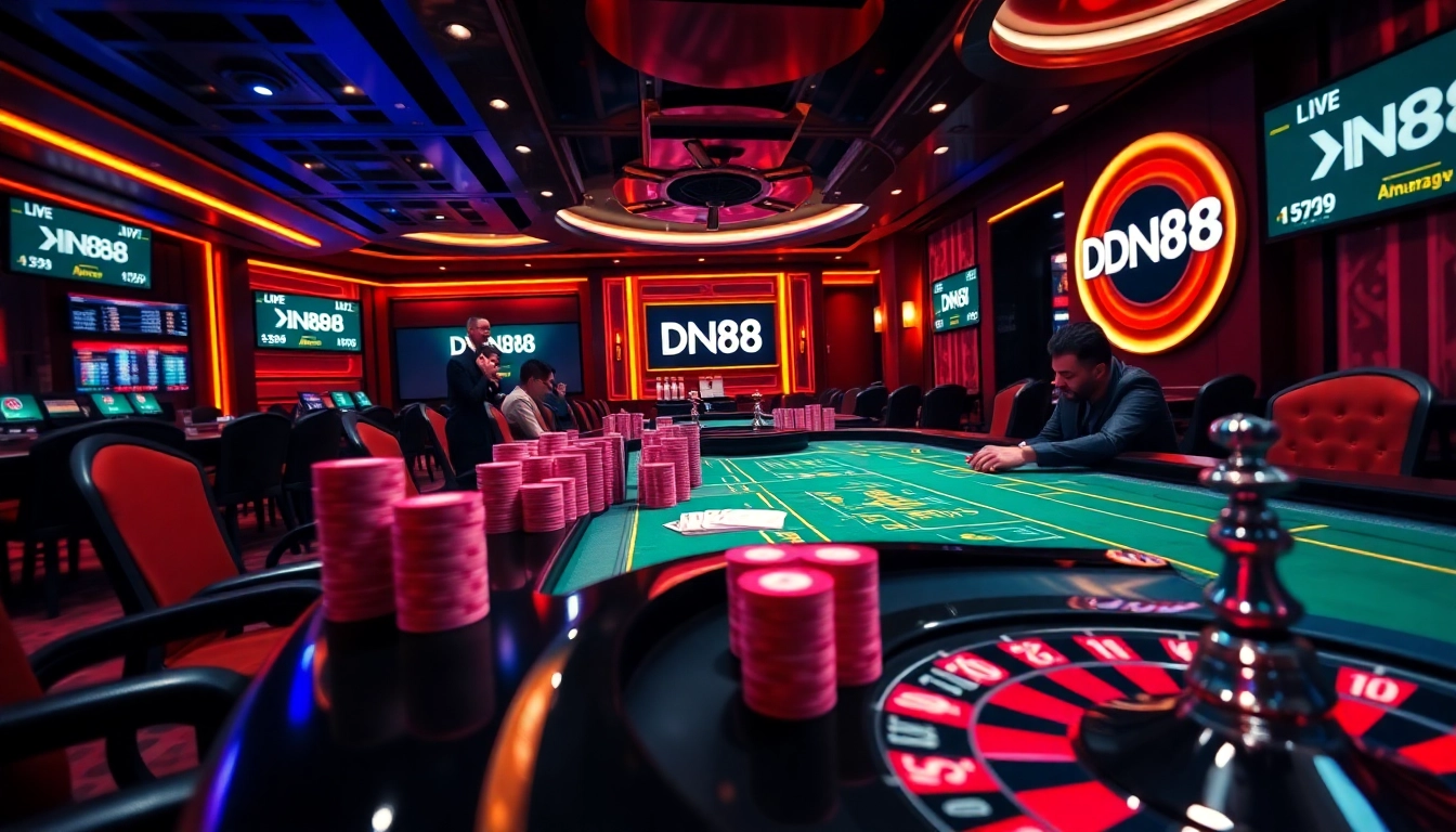 Experience an engaging poker game at DN88, surrounded by luxury chips and strategic players.