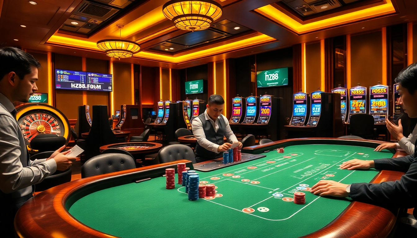 Players analyzing bets and spinning roulette wheel in a professional hz88.forum casino setting