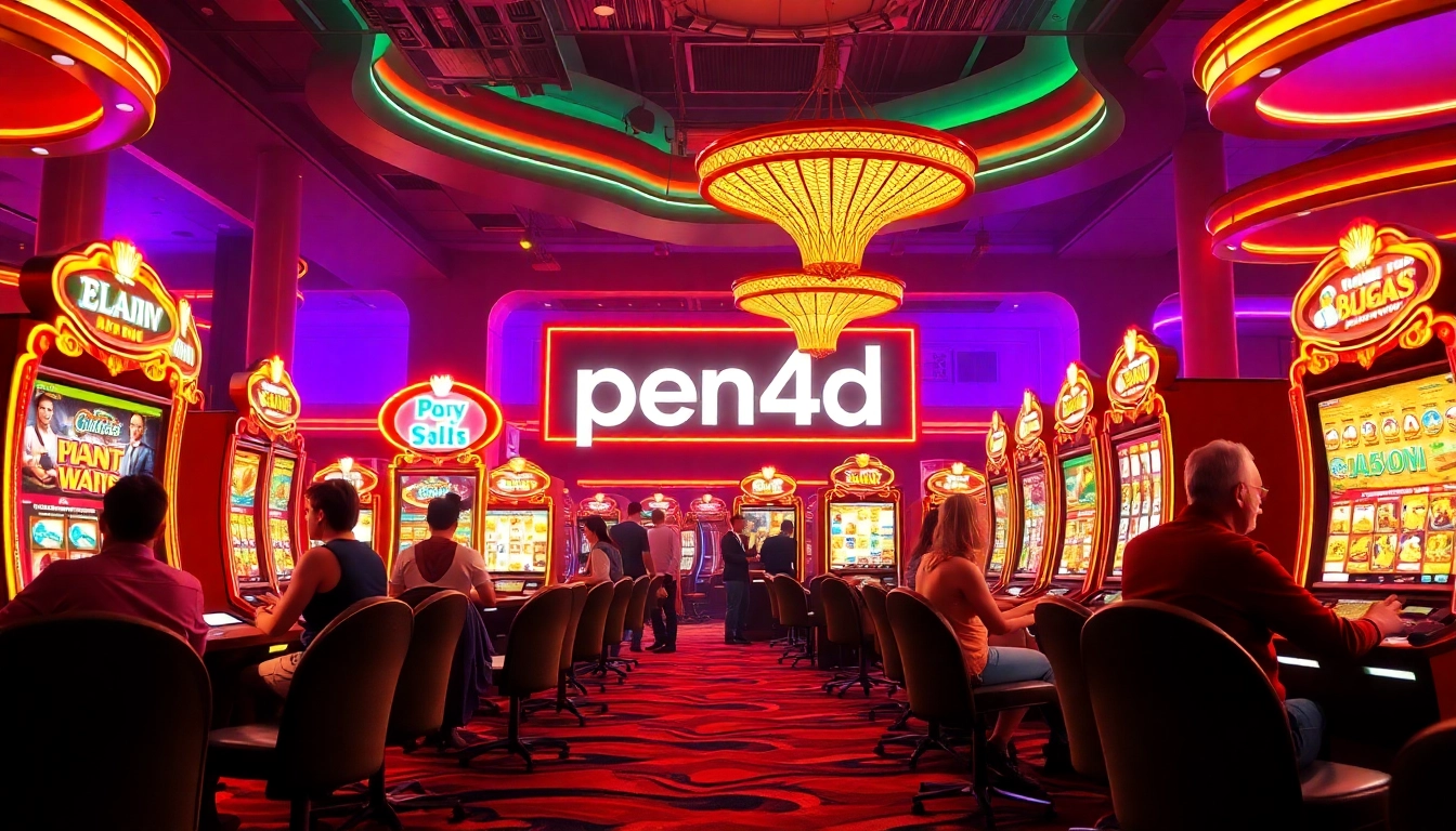 Players enjoy thrilling moments at slot machines showcasing pen 4d promotions in a luxurious casino.