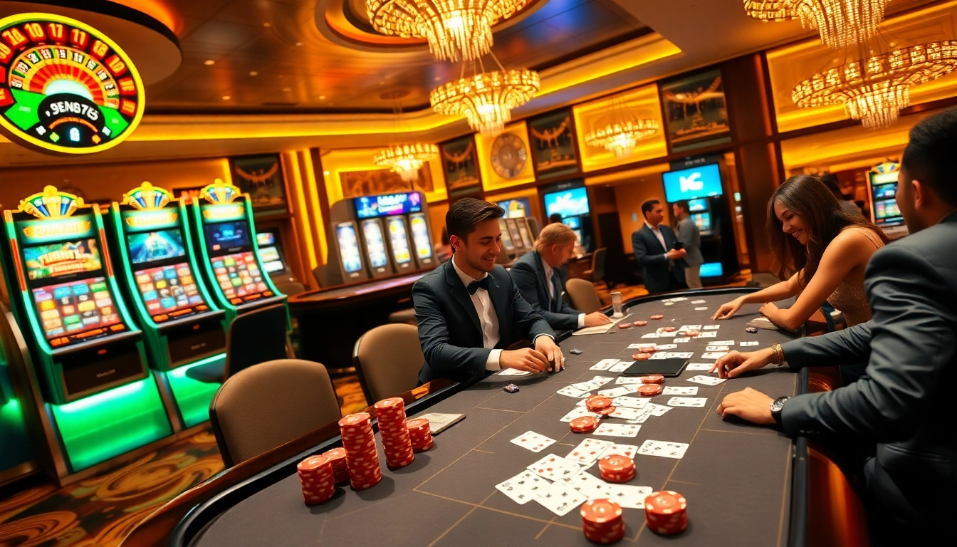 Exciting Go 99 casino scene with players at poker tables and vibrant slot machines.