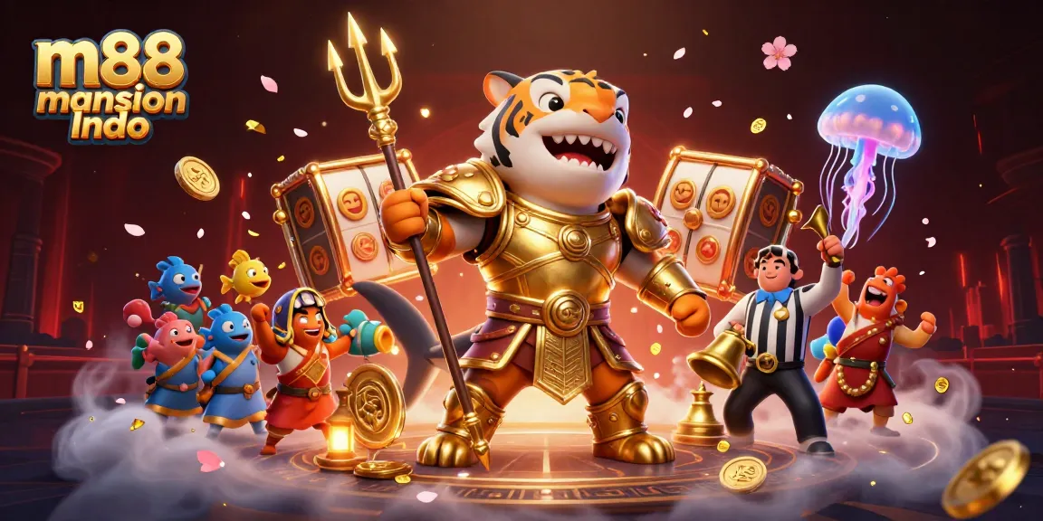 M88 mansion Indo menampilkan pertarungan kasino bawah air yang mendebarkan dengan hiu harimau dan elemen dinamis.